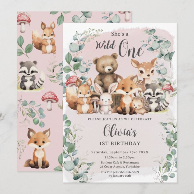 Convites Bichos-de-madeira-rosados, selvagens, um primeiro  (Frente/Verso)