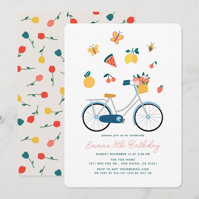 Convites Bicicleta Borboletas Frutas Floral Menina Aniversá (Frente/Verso)