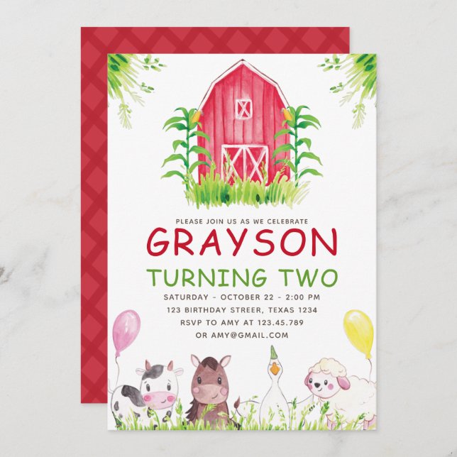 Convites Bicicleta Fazenda Vermelha Animais Aquarela Aniver (Frente/Verso)