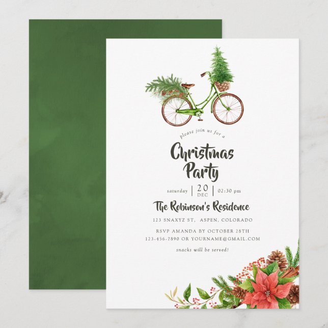 Convites Bicicleta Floral de Aquarela Festa de Natal (Frente/Verso)