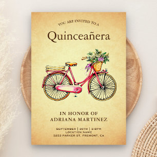 Convites Bicicleta Floral Rosa Antiga Quinceanera