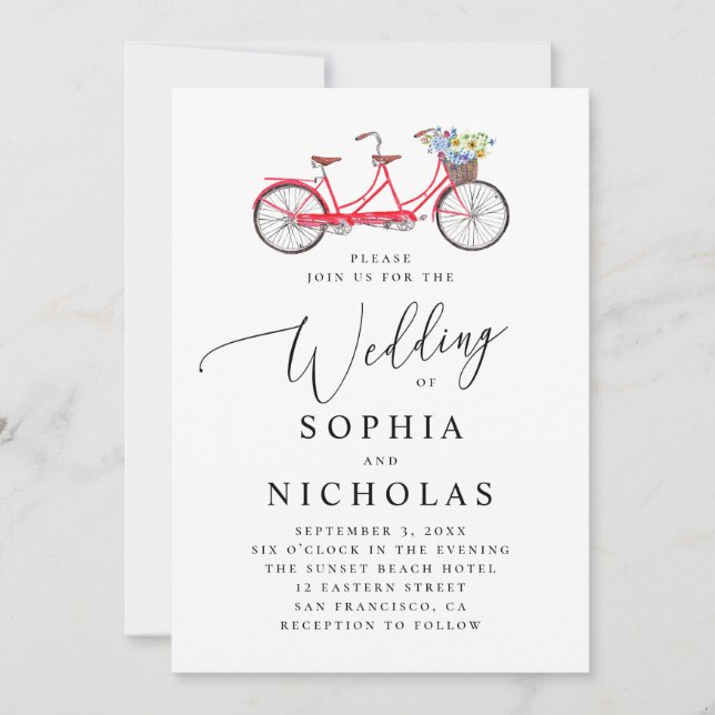 Convites Bicicleta tandem retrô. Casamento com letra elegan (Frente)