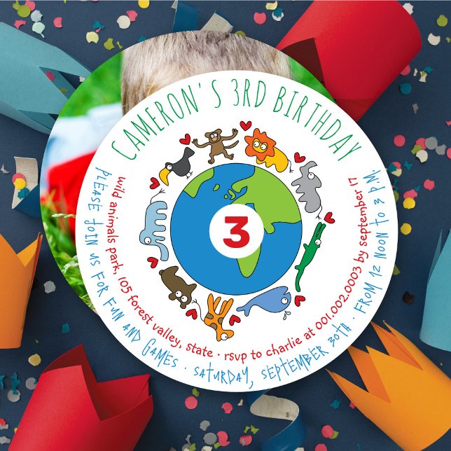 Convites Bicicletas de Cartoon da Paz e do Amor do Mundo (Peace And Love Cute Cartoon Animals of The World, Photo Kid's Birthday Party Invitation @ fat_fa_tin)