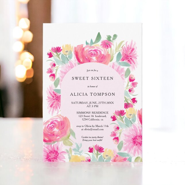 Convites Bico floral cor-de-rosa boêmico Sweet 16 (Bohemian pink floral arch chic Sweet 16 Invitation)