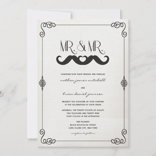 Convites Bigode Amor Sr. & Sr. Casamento Gay em Papel Vinta (Frente)