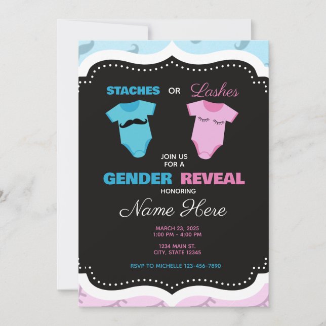 Convites Bigode ou Cílios Rosa Azul Revelação de Gênero (Frente)