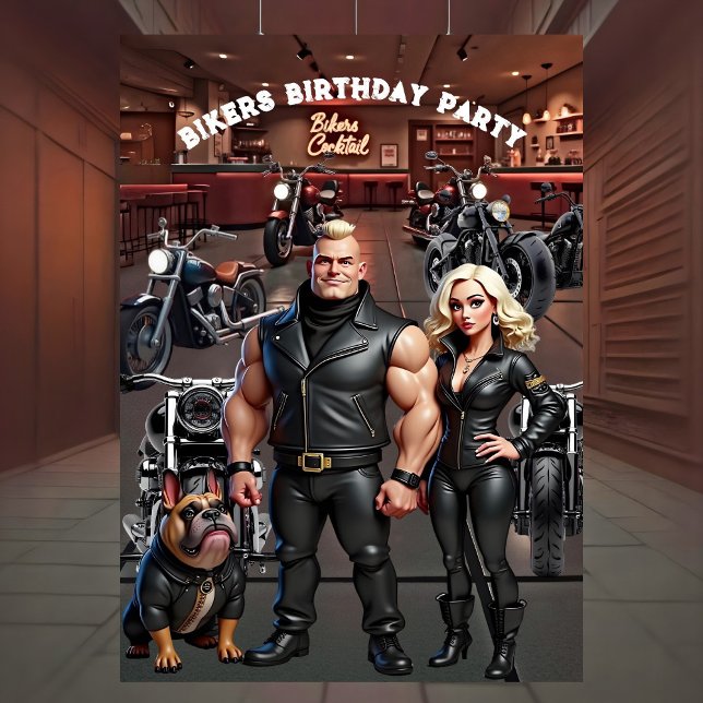 Convites Bikers Bar Birthday Party Couple Bulldog Bikes (Criador carregado)