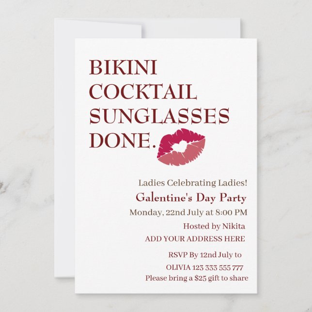 Convites BIKINI COCKTAIL SUNGLASSES FEZ o dia de Galentine (Frente)