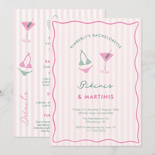 Convites Bikinis Desenhados à Mão & Martinis Fim de Semana  (Frente/Verso)