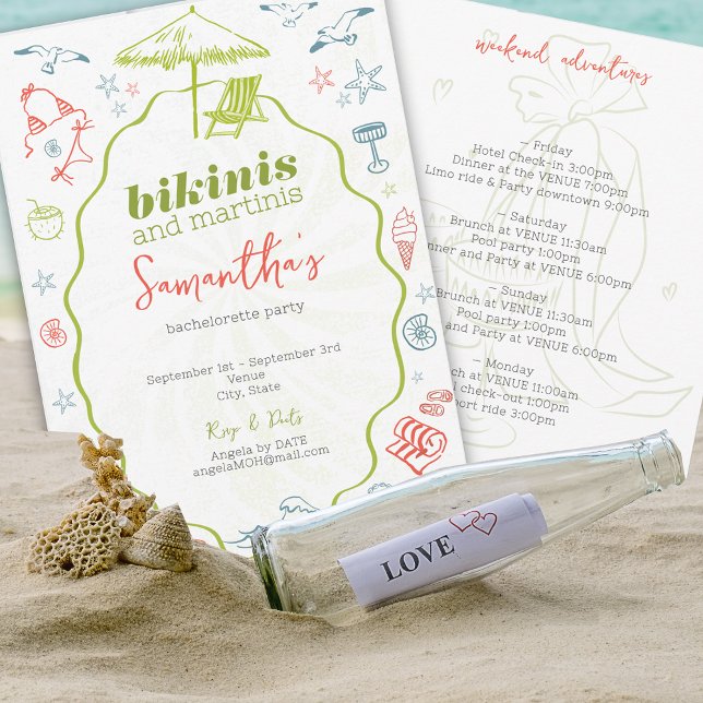 Convites Bikinis & Martinis 2 Hand Drawn Beach Bachelorette (Bikinis Martinis Tropical Island Destination Hand Drawn Beach Bachelorette Girls Weekend Invitation)