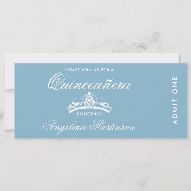 Convites Bilhete Azul e Branco da Quinceanera Elegante (Frente)