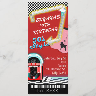 Convites Bilhete de Aniversário com Tema dos Anos 50