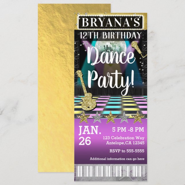 Convites Bilhete de Aniversário da Pista de Dança e Bola de (Frente/Verso)