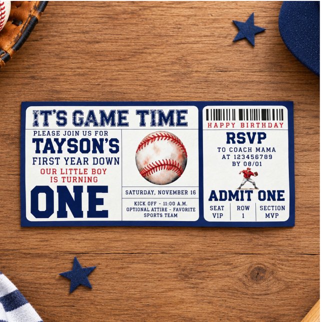 Convites Bilhete de Aniversário de 1º Ano "First Year Down" (Baseball "First Year Down" 1st Birthday Ticket Invitation)