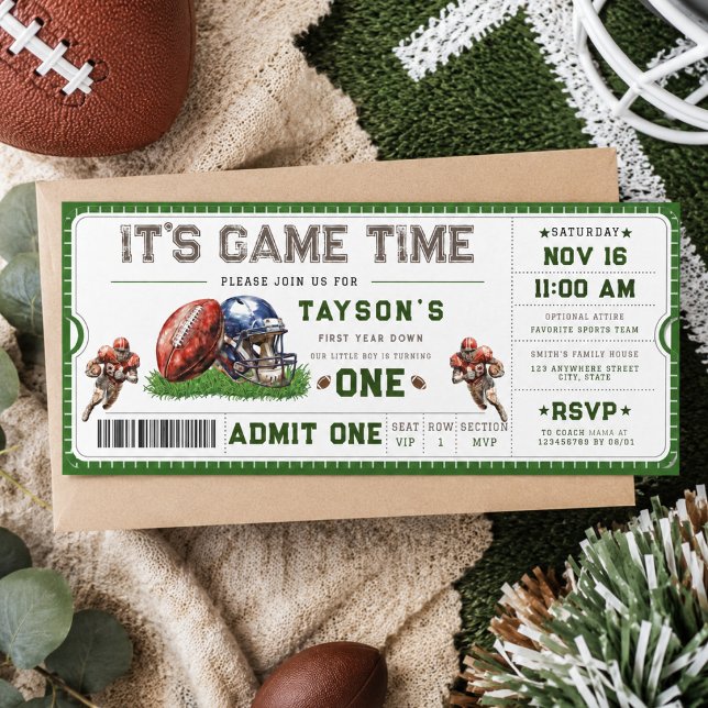 Convites Bilhete de Aniversário de 1º Ano Futebol Primeiro  (Football First Year Down 1st Birthday Ticket Invitation
)