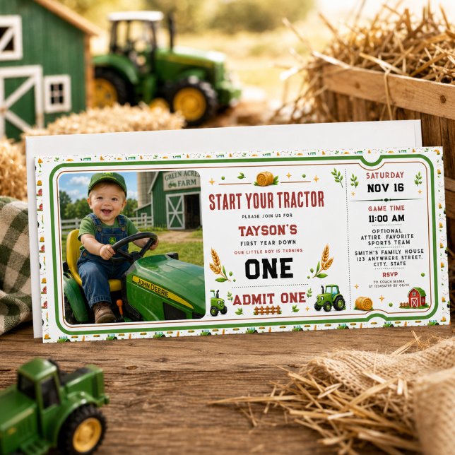 Convites Bilhete de Aniversário de 1 Ano Fazenda Trator Ver (Rustic Green Tractor Farm 1st Birthday Ticket Invitation
)