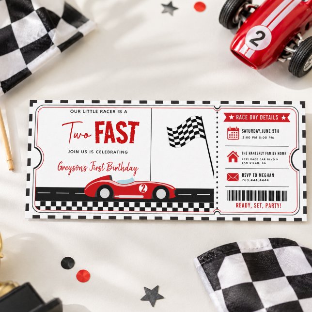 Convites Bilhete de Aniversário de 2 Anos do Menino de Carr (Two Fast Race Car Boy 2nd Birthday Party Ticket Invitation
)