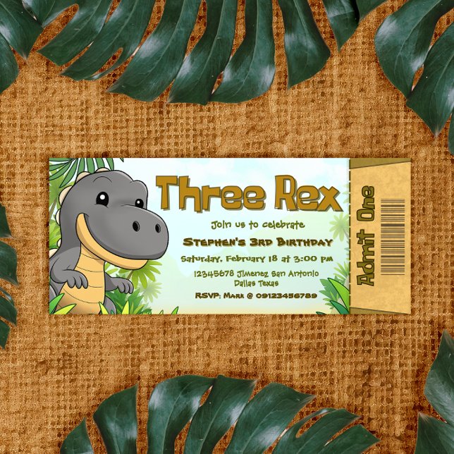 Convites Bilhete de Aniversário de 3 anos do Three Rex Boy (Three Rex Boy 3rd Birthday Ticket Invitation)