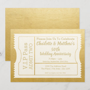 Convites Bilhete de Aniversário de 50 anos VIP Falso Ouro