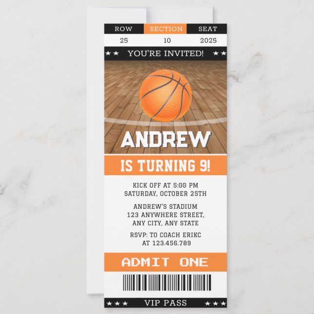Convites Bilhete de Aniversário de Basquete Pessoal Qualque (Frente)