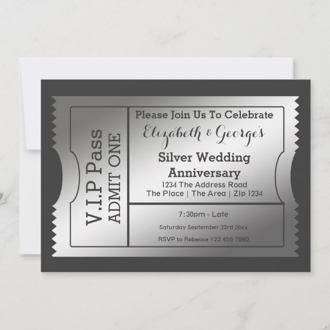 Convites Bilhete de Aniversário de Bodas de Prata VIP Pass (Frente)