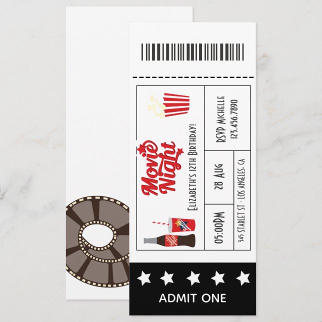 Convites Bilhete de Aniversário de Noite de Filme Retrô (Frente/Verso)