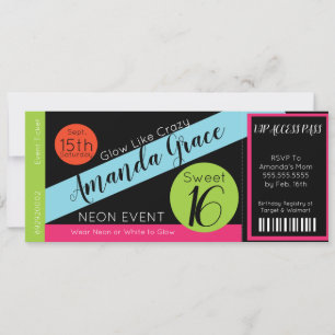 Convites Bilhete de Aniversário de Sweet Sixteen VIP Neon G