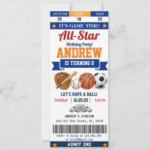 Convites Bilhete de Aniversário Esportivo All Star Pessoal