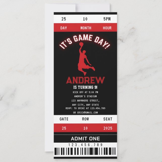 Convites Bilhete de Aniversário para Sonhos de Basquete Pes (Frente)