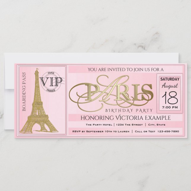 Convites Bilhete de Aniversário PInk Paris (Frente)