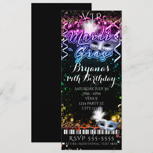 Convites Bilhete de Aniversário VIP Arco-íris de Mardi Gras (Frente/Verso)