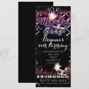 Convites Bilhete de Aniversário VIP Dourado de Plum Carnava