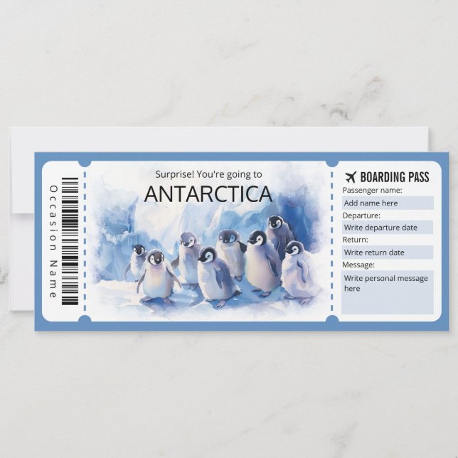 Convites Bilhete de avião Antártico Editável Trip Antártica (Frente)