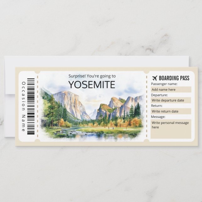 Convites Bilhete de avião Yosemite editável, Viagem Yosemit (Frente)