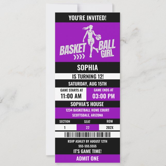 Convites Bilhete de Basquete Aniversário, Jogadora de Basqu (Frente)