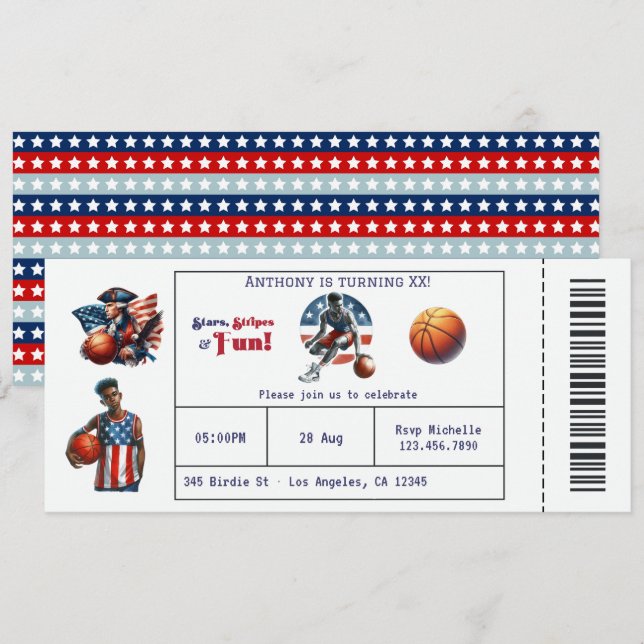 Convites Bilhete de Basquete Patriótico EUA Festa de Aniver (Frente/Verso)
