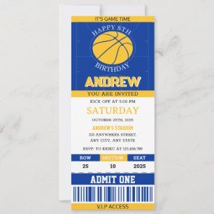 Convites Bilhete de Basquete Pessoal Azul e Amarelo Anivers