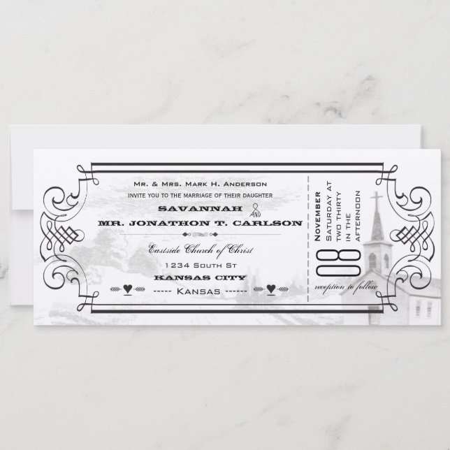 Convites Bilhete de Capela com Fundo de Marfim e Fonte Pret (Frente)
