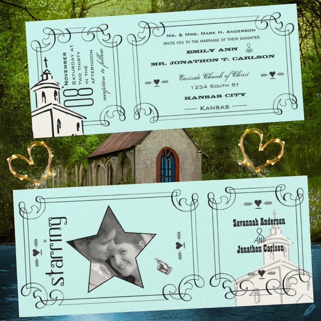 Convites Bilhete de Capela Romântica Aqua Casamento (Criador carregado)