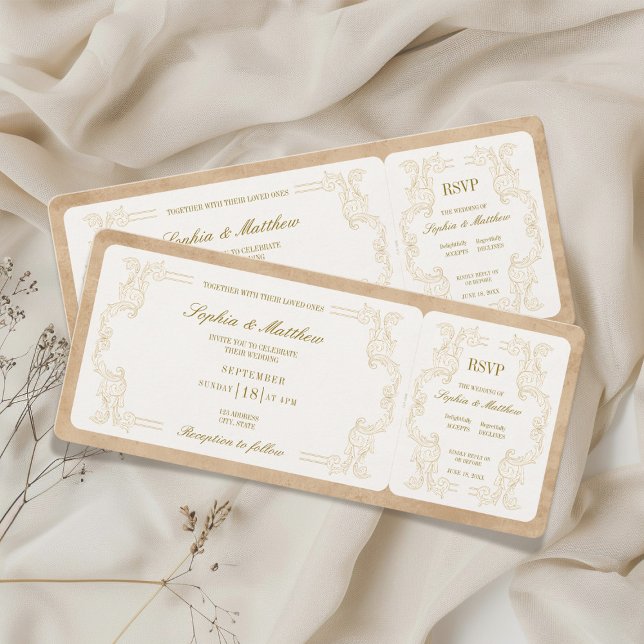 Convites Bilhete de Casamento Antigo com RSVP (Vintage Wedding Ticket with RSVP Invitation)