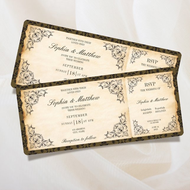 Convites Bilhete de Casamento Antigo RSVP Barroco (Vintage Wedding Ticket RSVP Baroque Invitation)