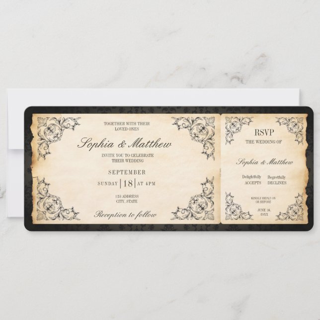 Convites Bilhete de Casamento Antigo RSVP Barroco Preto (Frente)