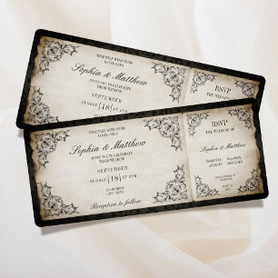 Convites Bilhete de Casamento Antigo RSVP Barroco Sombrio