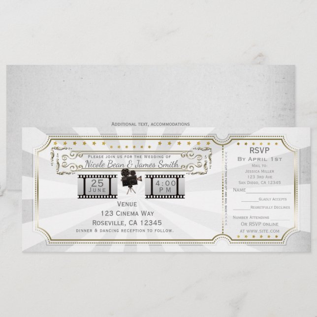 Convites Bilhete de Casamento Cinema Vintage Ouro Branco &  (Frente/Verso)