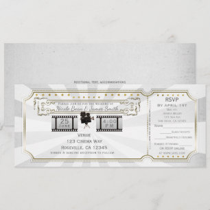 Convites Bilhete de Casamento Cinema Vintage Ouro Branco & 