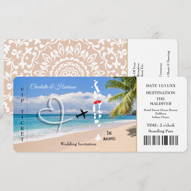Convites Bilhete de Casamento de Destino Maldivas  (Frente/Verso)