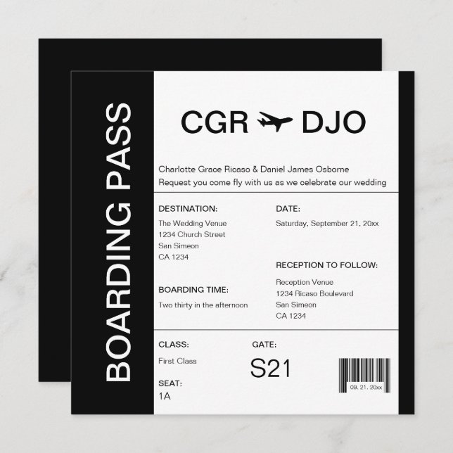 Convites Bilhete de Casamento de Passagem de Embarque viage (Frente/Verso)