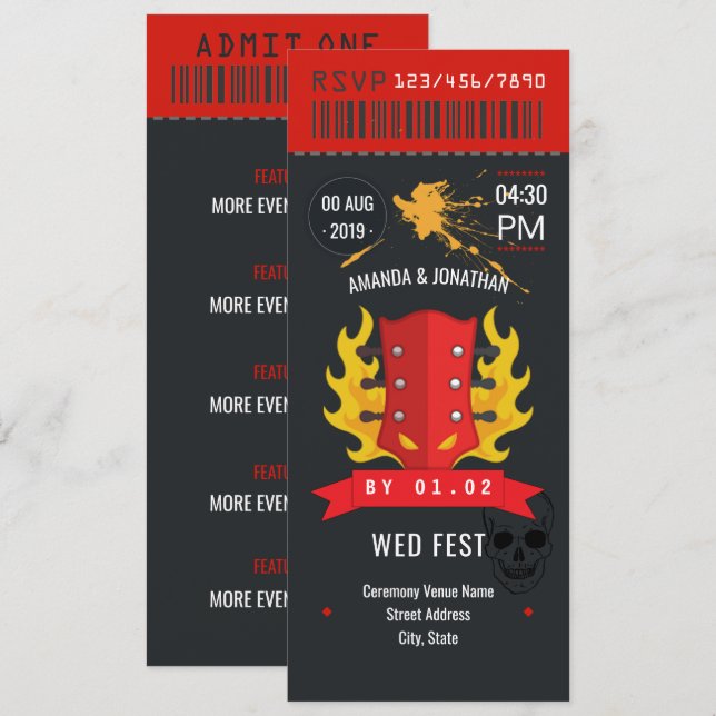 Convites Bilhete de casamento de Rock and Roll personalizad (Frente/Verso)