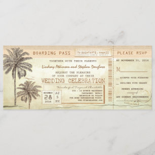 Convites Bilhete de Casamento de Vintage Palms Seaside Emba