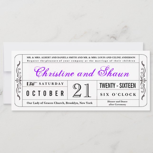 Convites Bilhete de Casamento do Estilo Vintage em Roxo (Frente)